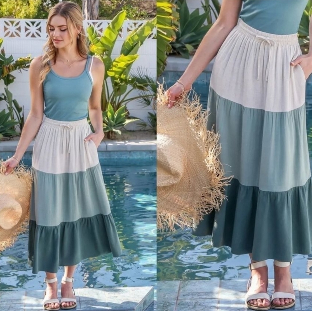 Soft Cotton Linen Tiered Color Block Skirt - Olive